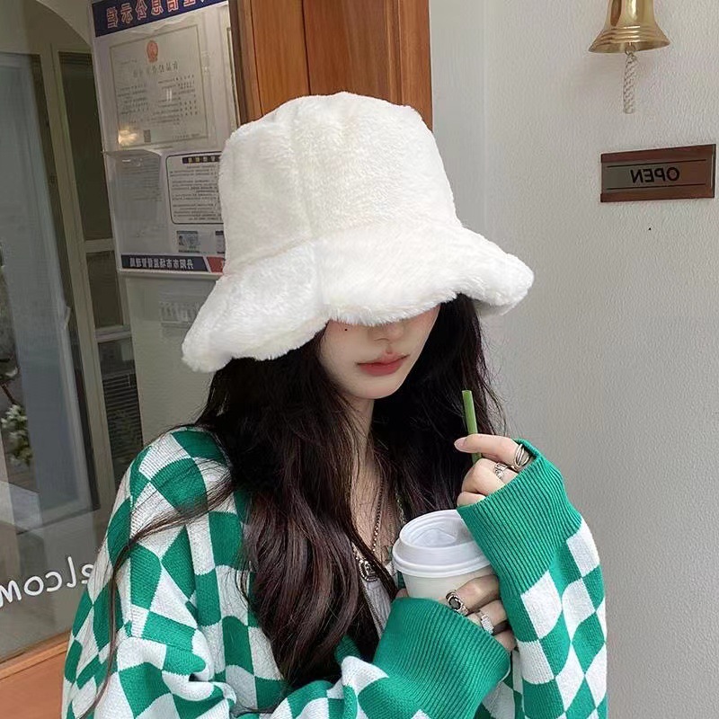 Ruffled plush fisherman hat women's autu...