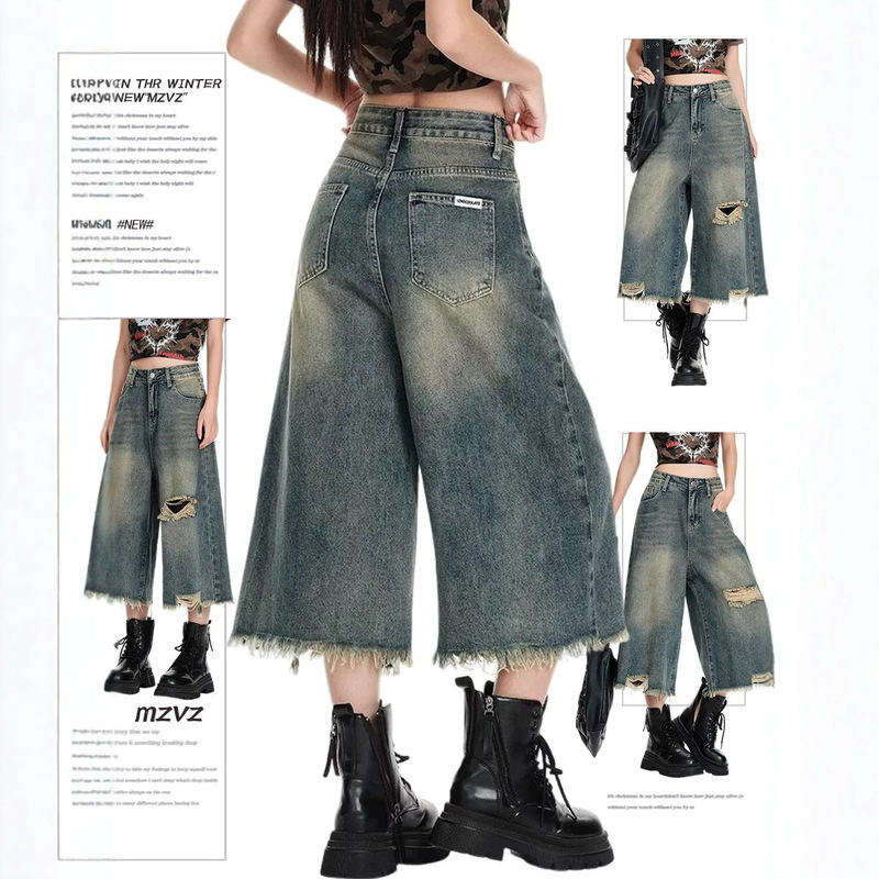 American Retro Style Ripped Cropped Jeans for Women, Summer High-Waisted Loose Straight Wide-Leg Pants, Non-Tight-Fitting Five-Point Shorts