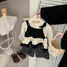 韩版女童春秋季套装2025新款洋气宝宝假两件T恤波点直筒裤两件套