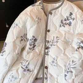 新中式国风碎花圆领棉服外套女秋冬复古宽松百搭保暖夹棉棉衣