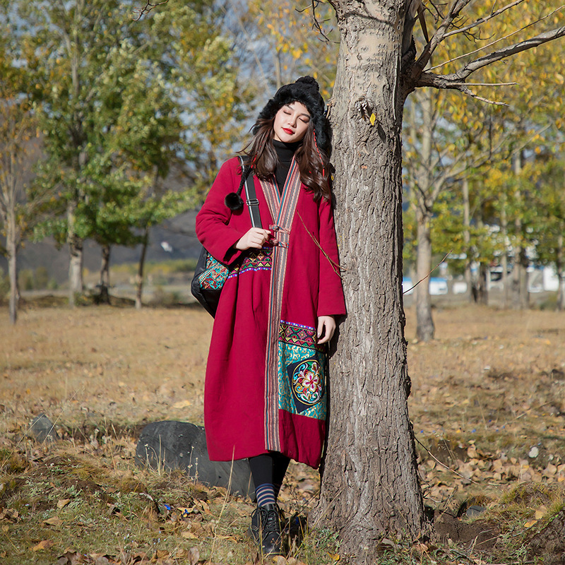 Plus-Size Cotton Coat for Women, 2025 Autumn and Winter Ethnic Style Women's Clothing, Color-Blocking Embroidery, Extra-Long Cotton Jacket for Plus-Size Women Plus-Size Cotton Coat for Women, 2025 Autumn and Winter Ethnic Style Women's Clothing, Color-Blocking Embroidery, Extra-Long Cotton Jacket for Plus-Size Women