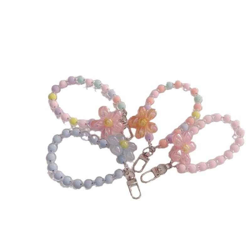 Mobile phone, strap, fresh round beads, acrylic pendant, flowered