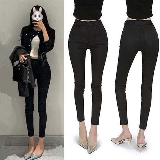 Korean Style New Fashion Comfortable Simple Black Solid Color 2024 New All-match Skinny Feet 9-point Jeans Trendy