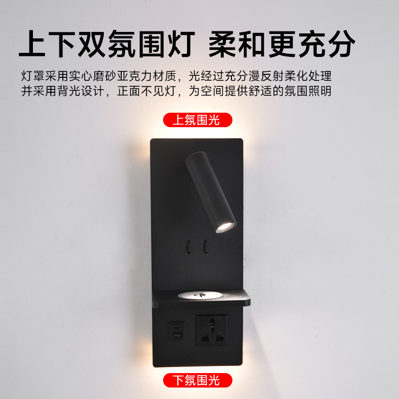 국경 간 다기능 LED 벽 램프 전체 스펙트럼 눈 보호 침대 옆 램프 읽기 램프 수직 무선 충전 소켓 USB