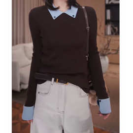 超细绵羊毛|撞色翻领针织衫女打底毛衣