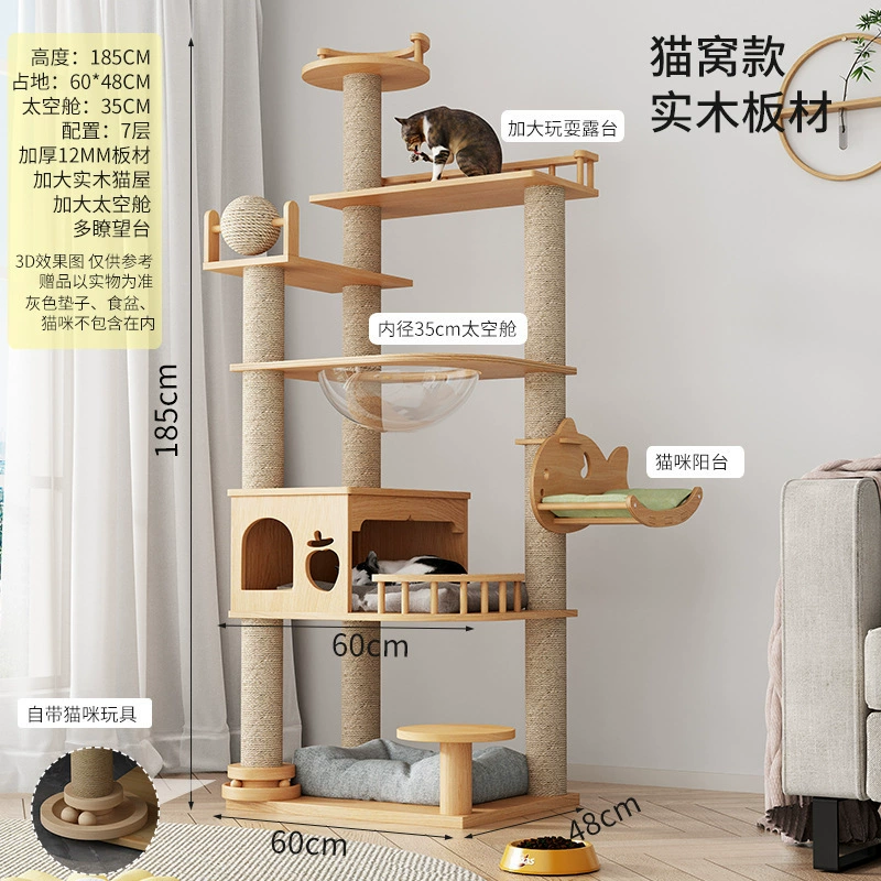 Solid wood cat climbing frame, all-in-one cat tree for large cats, scratch columns & capsule beds