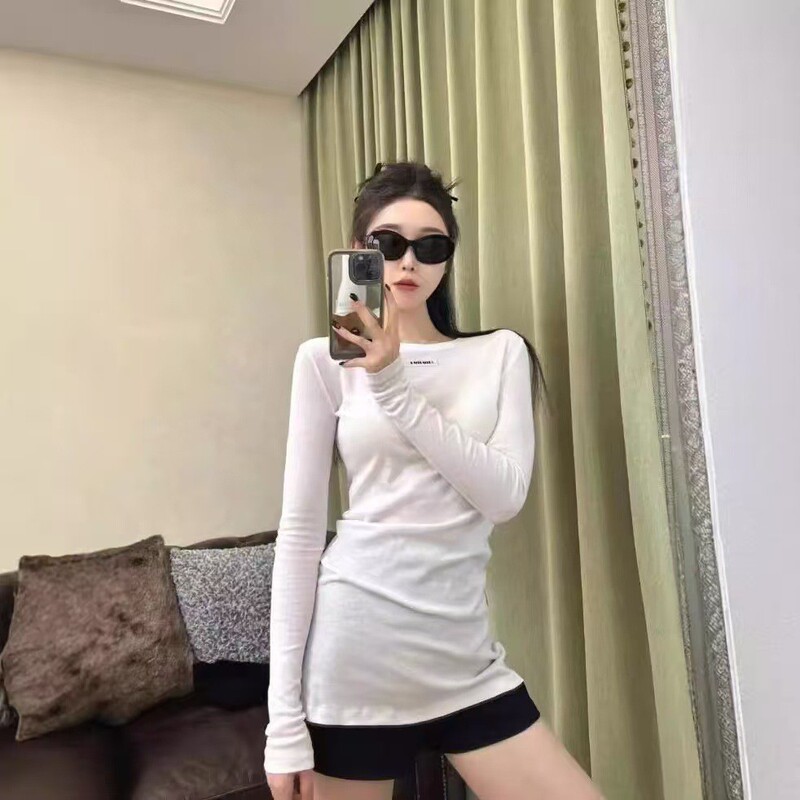 In-Stock Miu T-Shirt with Slit, Round Neck, Base Shirt for Women, Long-Sleeve, Thin, Sun-Protective Top, Early Autumn, Regular Shoulder T-Shirt