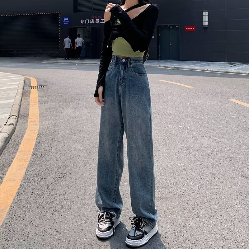 高腰直筒牛仔裤女春秋2025年新款小个子宽松显瘦阔腿拖地裤子ins|undefined
