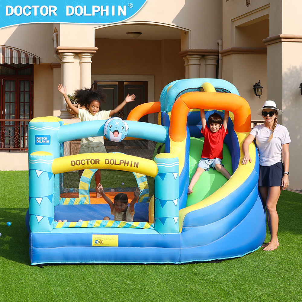 Castillo Inflable Doctor Dolphin, en Existencia, para Interiores y Exteriores, Tobogán Inflable, Trampolín Infantil, Castillo Inflable Combinado con Tobogán y Trampolín para el Hogar