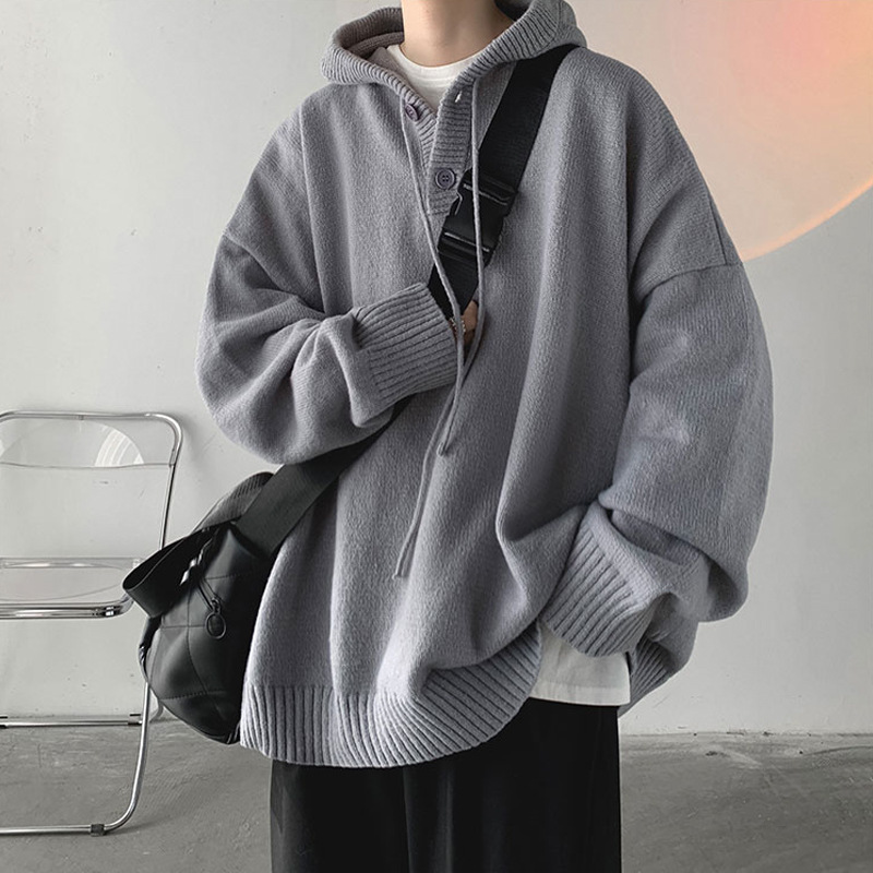 Hooded Sweater Men's Winter Loose Japanese Style Lazy Retro Knitted Sweater ins Fashionable Autumn and Winter Thickened Base Jacket