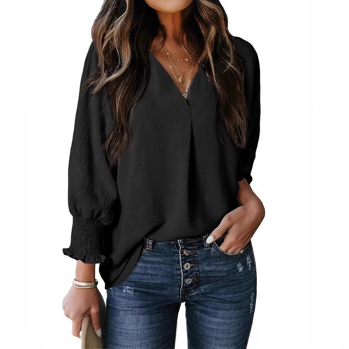 Women's V-neck Casual Long-sleeve Loose Shirt Top Blouse T-shirt - New Arrival for Fall/Winter 2024 on Amazon US and Europe