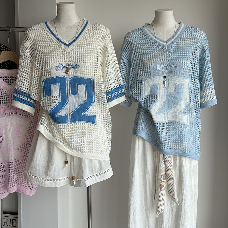 [比正] 2026 Summer New Product V-Neck Contrasting Color American-Style Large Mesh Hollow-Out Lazy Short-Sleeved Knitwear for Women 6991