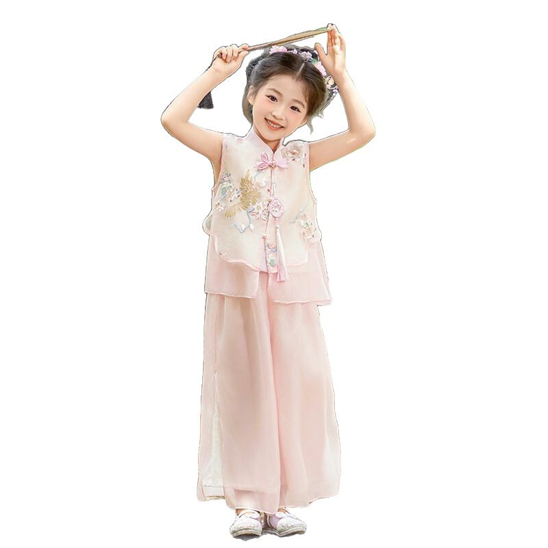 2025 新しい女の子の新しい中国風スーツ夏スーパー妖精国民風刺繍ノースリーブエレガントな漢服子供のツーピースセット|undefined