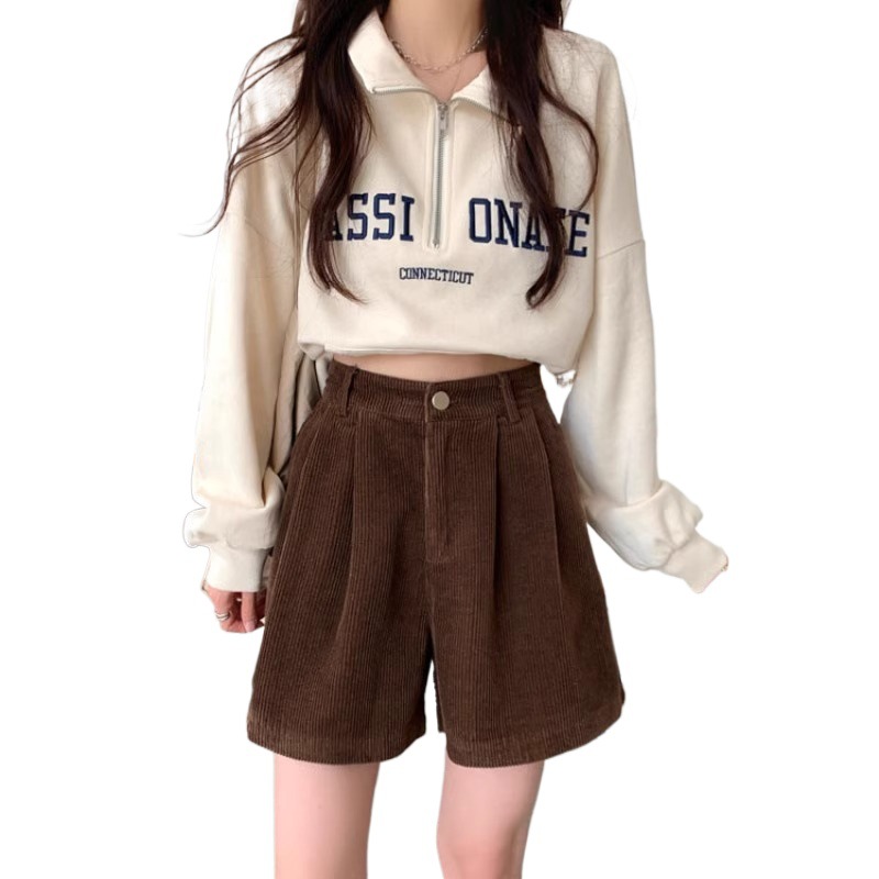2025 新しい複合ミルクシルクコーデュロイショーツ女性の秋のハイウエスト A ラインワイドレッグパンツカジュアル 5 分パンツ