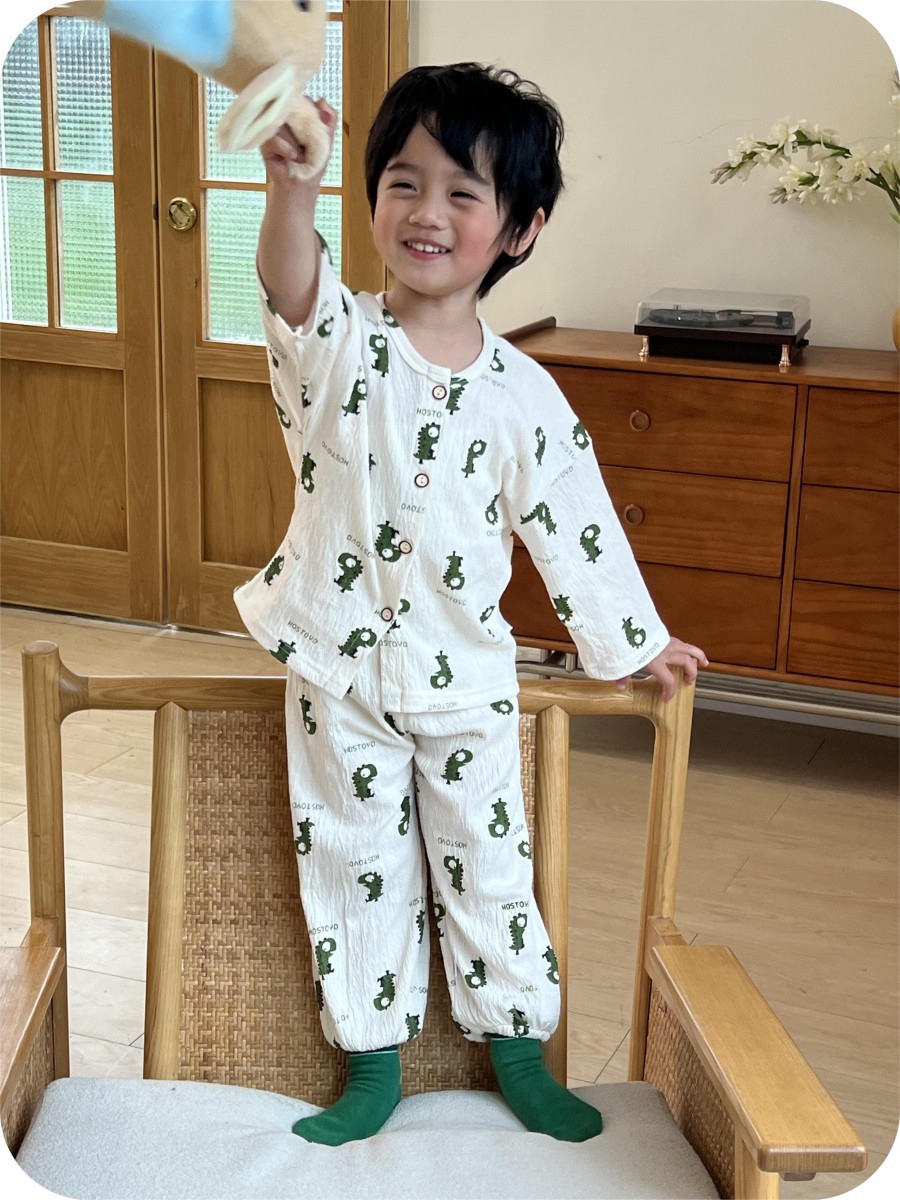 Cardigan de primavera para niños, set de algodón elástico coreano lindo ropa de aire acondicionado, pijamas de encaje, ropa para el hogar para bebés