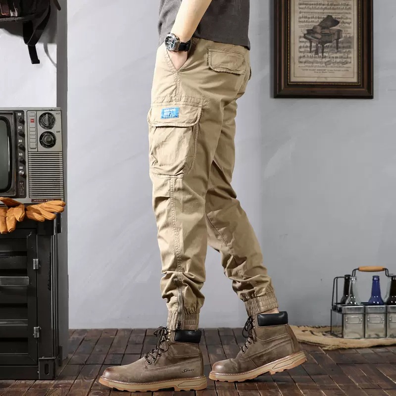 Herrenbekleidung Camouflage-Hose mit Bündchen und mehreren Taschen, Retro-Washed-Hose_voghion.com