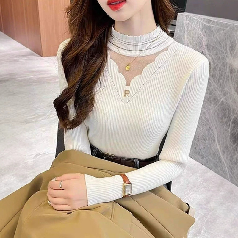 Women's 2026 new style half-high collar hollow lace trim knit top, elegant and stylish, slim-fit base shirt Women's 2026 new style half-high collar hollow lace trim knit top, elegant and stylish, slim-fit base shirt