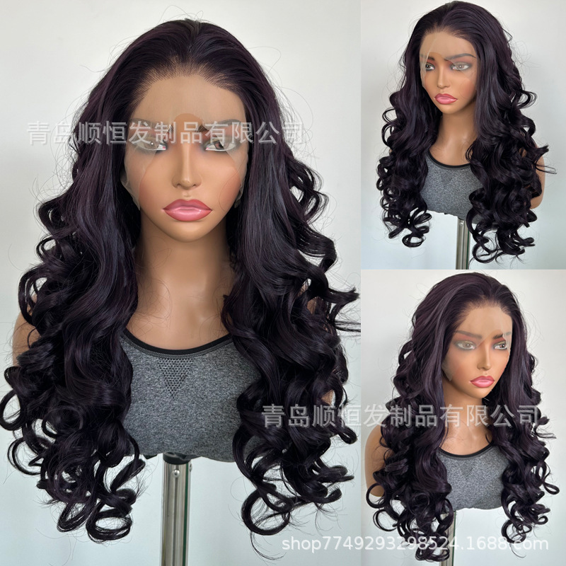European and American Style Long Curly Lace Front Wig for Women, Black and Purple, Bouncy Hand-Tied Curls, High-Temperature Fiber Wig European and American Style Long Curly Lace Front Wig for Women, Black and Purple, Bouncy Hand-Tied Curls, High-Temperature Fiber Wig