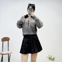 法式女装2024早秋新款拼色娃娃领针织开衫甜美慵懒短款长袖外套女