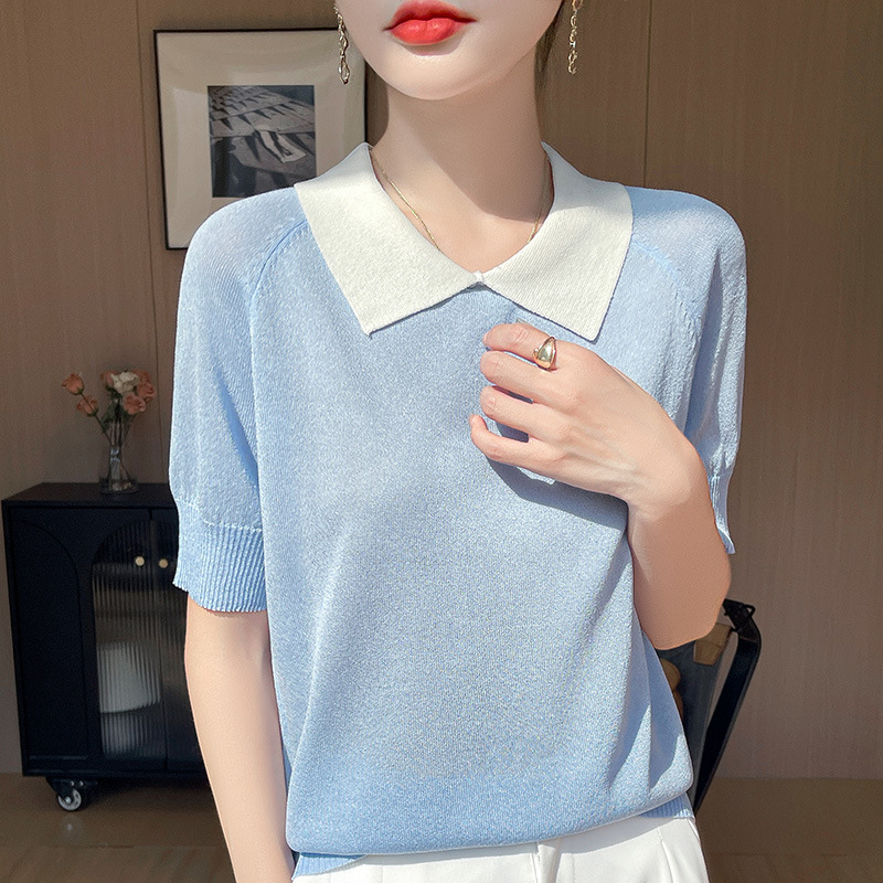 2025 spring and summer new ice silk POLO collar sweater short sleeve color matching loose pullover temperament base shirt top