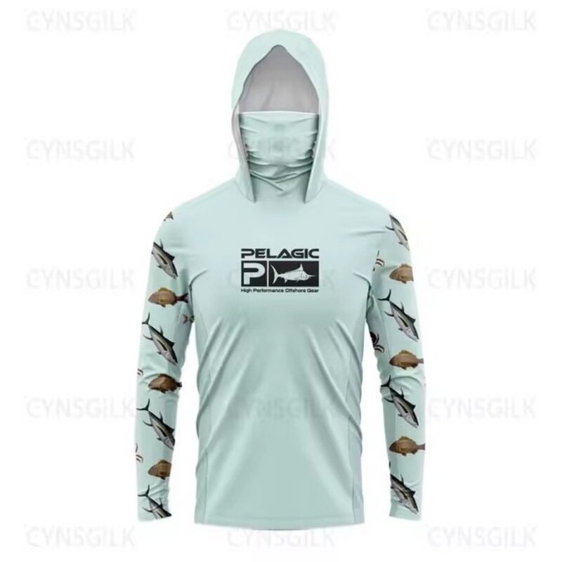 PELAGIC Men's Long Sleeve Hooded Mask Clothing Fishing T-Shirt UV Protection Fishing Shirt Fishing Clothing