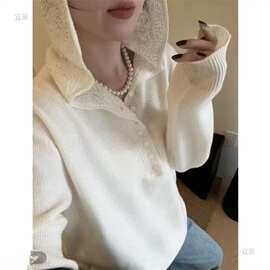 【】韩版慵懒风蕾丝拼接连帽绵羊毛针织衫女时尚百搭毛衣