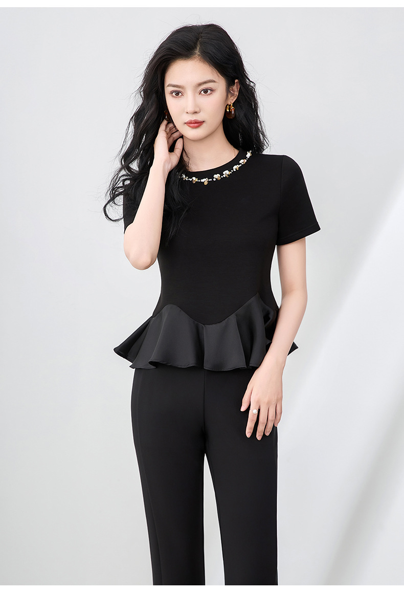 Áo thun nữ cổ tròn tay ngắn đính kim cương viền bèo nhún kiểu Pháp — Màu đen chi tiết 16