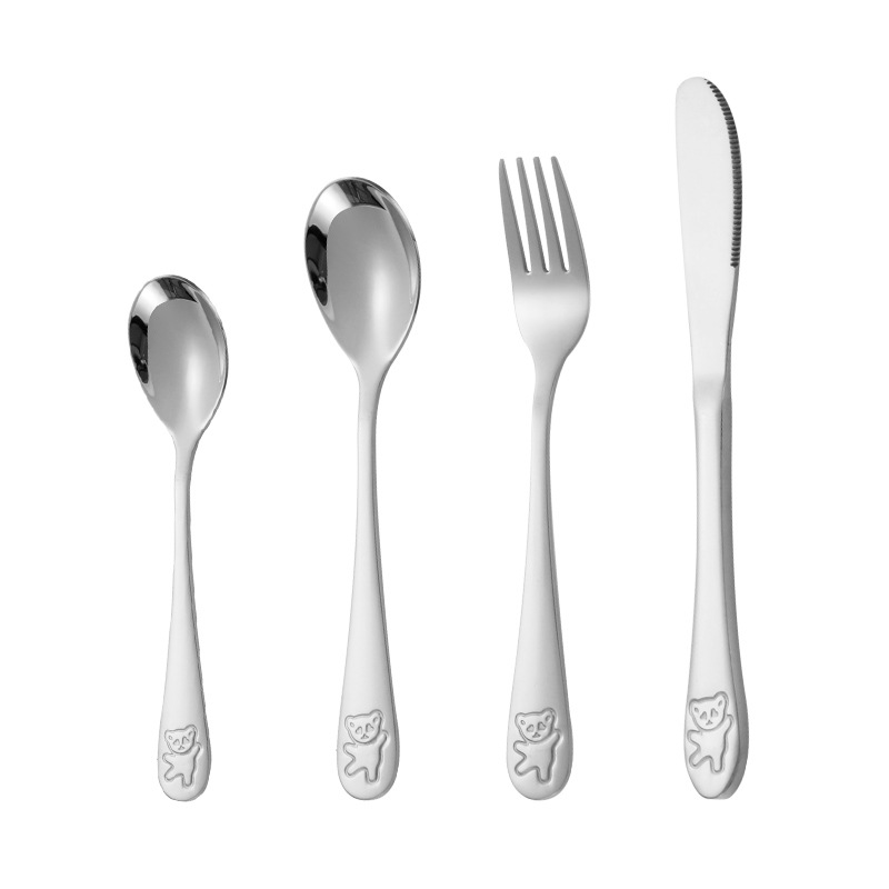 Los niños de acero inoxidable 304 cuchillo y tenedor cuchara Oso de dibujos animados comida occidental de cuatro piezas traje caja de regalo cuchara de té de jardín de infantes