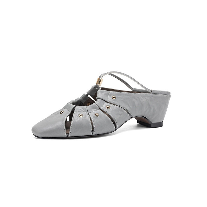 Sandal cao gót nữ mũi nhọn hở mũi, gót 5.5 cm, phong cách vintage đinh tán rỗng — Xám xanh chi tiết 24