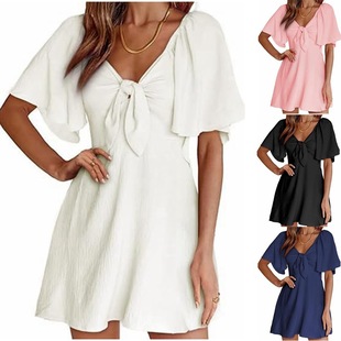 2025 European and American Export Cross-Border Women's Clothing Amazon Hot Style V Neck Bow Tie Short-Sleeved Mini Dress
