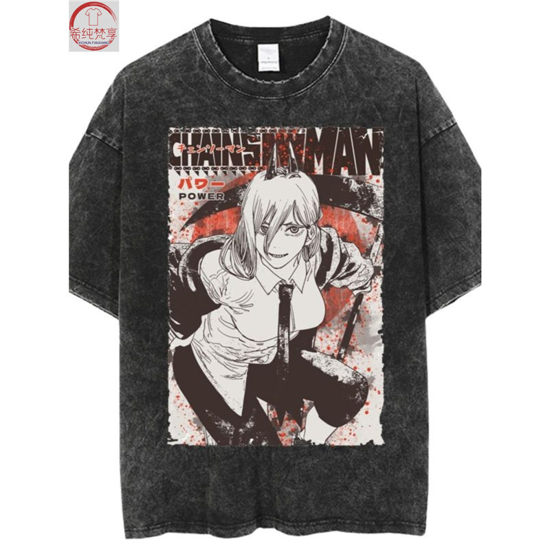 Direct Spray Pure Water Washed Retro T-Shirt Street Anime Chainsaw Man Cartoon Loose Cotton Summer Unisex Short