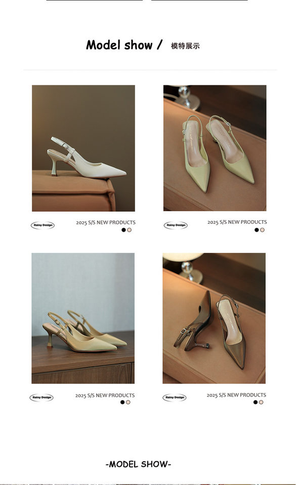 Giày sandal nữ bít mũi mũi nhọn gót mảnh quai ngang, gót 6–8 cm — Màu nâu, Màu trắng be, Màu vàng nhạt chi tiết 8