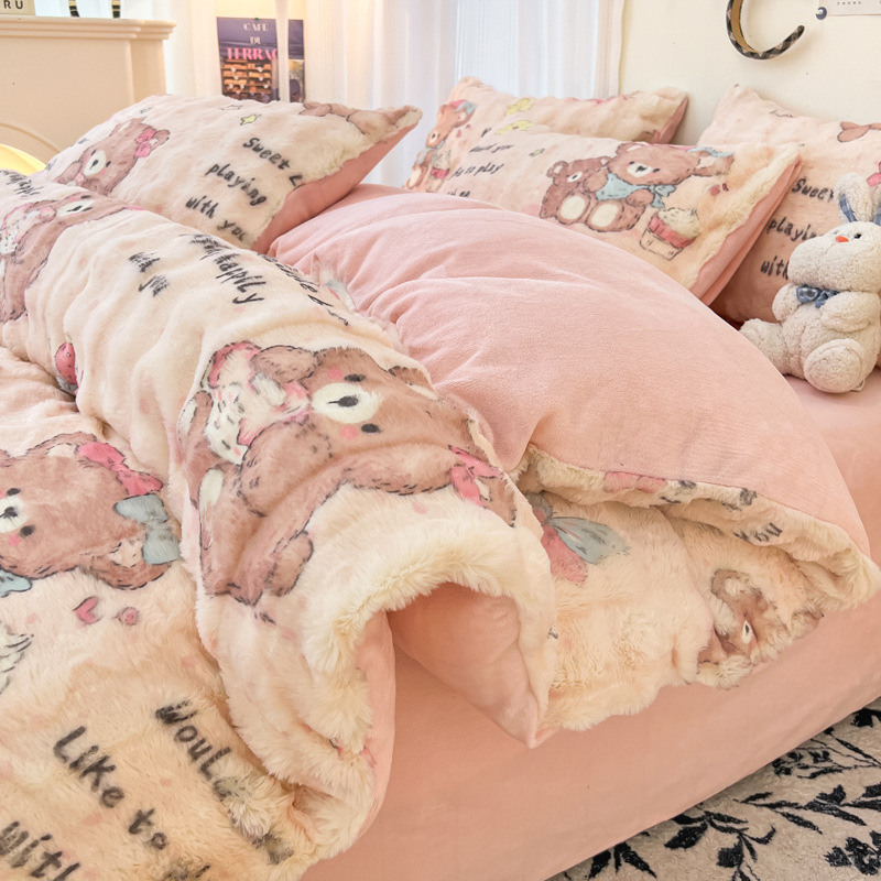 2024 nuevo traje de cuatro piezas de felpa de conejo de invierno más terciopelo de lana de leche franela de coral funda de edredón sábana de invierno