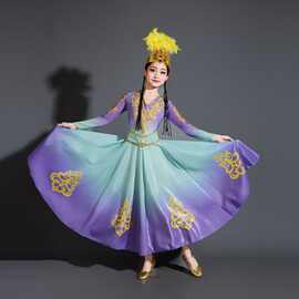 新疆舞蹈演出服儿童大摆裙维吾族铃鼓舞民族蹈服铃铛少女舞蹈服装