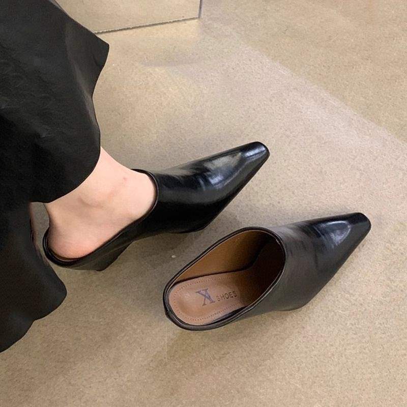 2025 New Fashion Open-Toe Soft Leather Square-Toe Wedge High-Heeled Mules for Outdoor Wear with Chunky Heels 2025 New Fashion Open-Toe Soft Leather Square-Toe Wedge High-Heeled Mules for Outdoor Wear with Chunky Heels