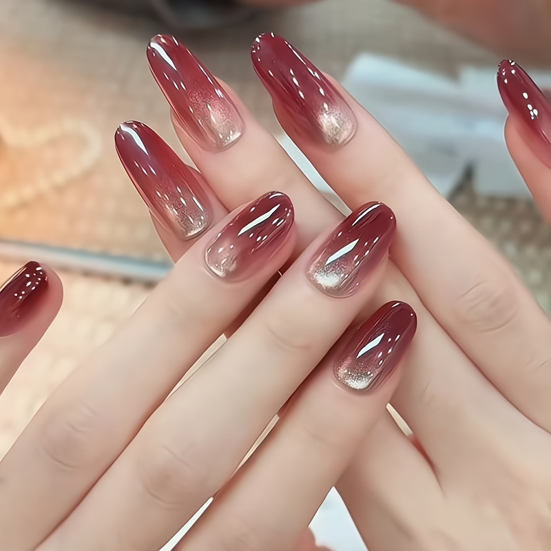 【Ling Luo Original】Earl Grey Tea Handmade Elegant Cherry Red Cat Eye High-End Nail Art Finished Products Wholesale