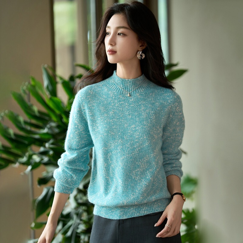 Autumn and Winter New Style Fine Wool Half-Turtleneck Knit Sweater Long-Sleeve Women's Floral Yarn Pullover Loose Base Shirt Wholesale