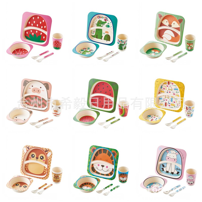 Bamboo Fiber Creative Children's Tableware Set Kindergarten Baby Cartoon Bowl Complementary Food Divided Plate Five-Piece Set Wholesale Bamboo Fiber Creative Children's Tableware Set Kindergarten Baby Cartoon Bowl Complementary Food Divided Plate Five-Piece Set Wholesale