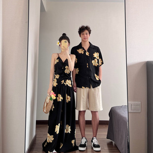 Beach Vacation Suspender V Neck Dress Summer Couple Wear Short-Sleeved Shirt Suit Retro Long Skirt One Skirt One Dress