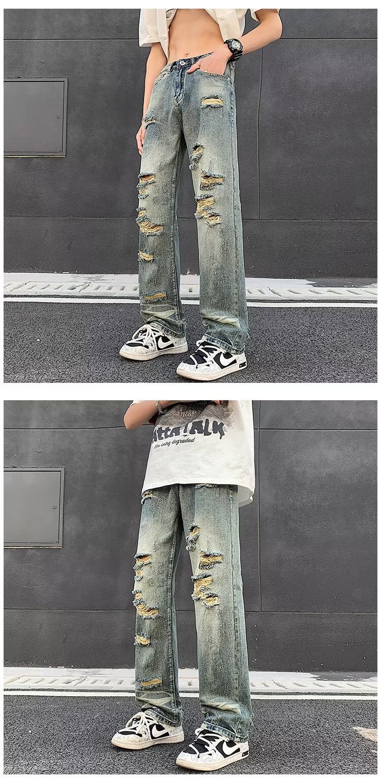 boy Ripped Jeans For Men, Trendy Brand, European And American Street Style Pants, Vintage High Street, Distressed Washed_viptrois.com