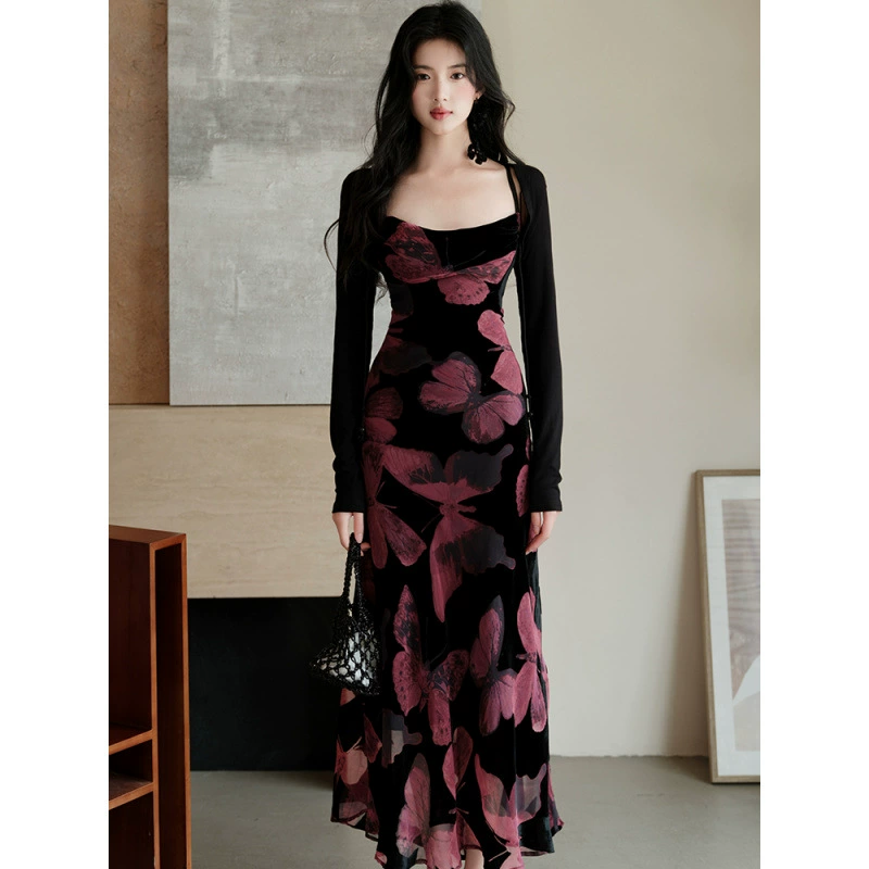 Новое в китайском стиле бархатная бабочка с воротником платье женское платье без спинки с ремешком