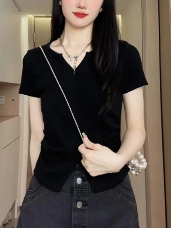 プラスサイズファットmm不規則なvネック夏多用途tシャツデザイン右肩半袖レディーススリムフィットスリットトップ|undefined