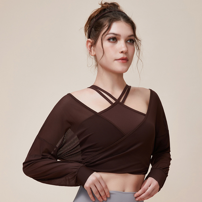 Netsuit para mujeres con cojín de pecho temperamento primavera y verano blusa de adelgazamiento pilates gimnasio mangas largas