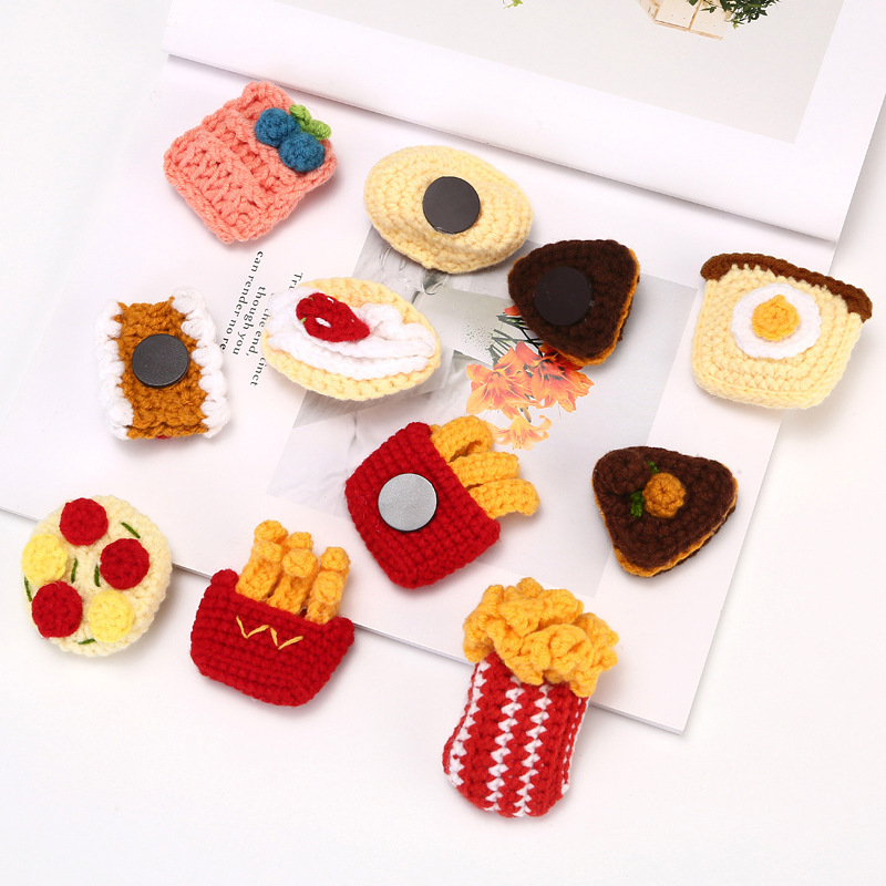 Handmade Crocheted Imitation Western Noodle Dessert Refrigerator Stickers Bread Toast Coke French Fries Pizza Creative Refrigerator Stickers