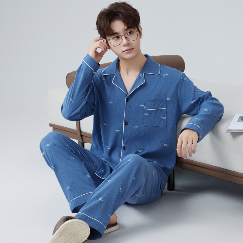Cloud Cotton Pajamas Men's Spring and Autumn New Youth Men's Long Sleeve Large Size Letter Printed Home Clothes Set Wholesale