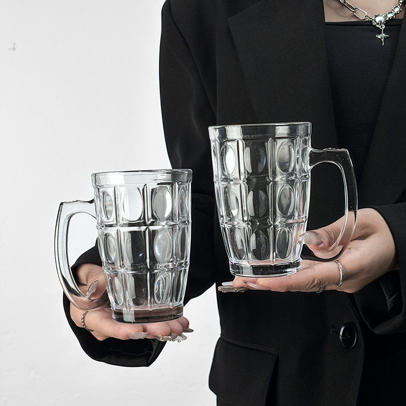 Taza de cerveza de aluminio, mango de vidrio resistente al calor, tamaño de taza de cerveza, capacidad redonda, transparente, taza de cerveza comercial, taza de agua