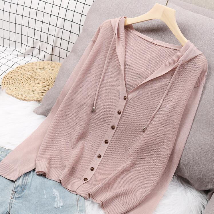 Spring and Summer New Korean Style Loose-Fitting Drop-Shoulder Sleeve Knit Cardigan Jacket Hooded Top for Women, Thin Ice Silk Sun Protection Outerwear