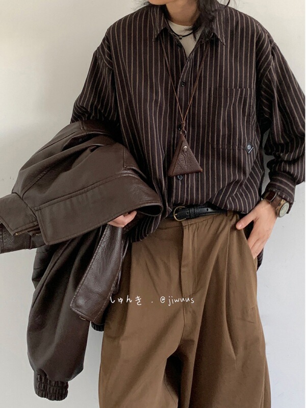 Jiwuus Spring and Autumn Japanese Style Vintage Striped Shirt Boys and Girls College Shirt Ins Long-sleeved Loose All-match Top