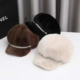 2025秋冬新款贝雷帽鸭舌帽女韩版仿水貂毛保暖帽复古八角帽画家帽
