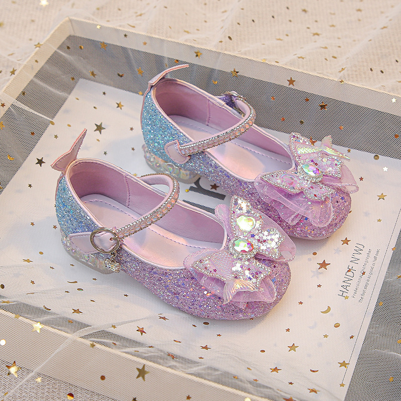 Girls Princess Shoes Little Girls Small High Heel Leather Shoes Bow Soft Sole Fashion Performance Shoes 2025 Spring and Autumn Crystal Shoes